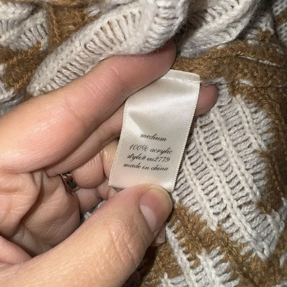 Woman’s Aztec Print Knit Sweater Short Sleeve Poncho Shawl Brown Pink White Sz M Size M - Image 6