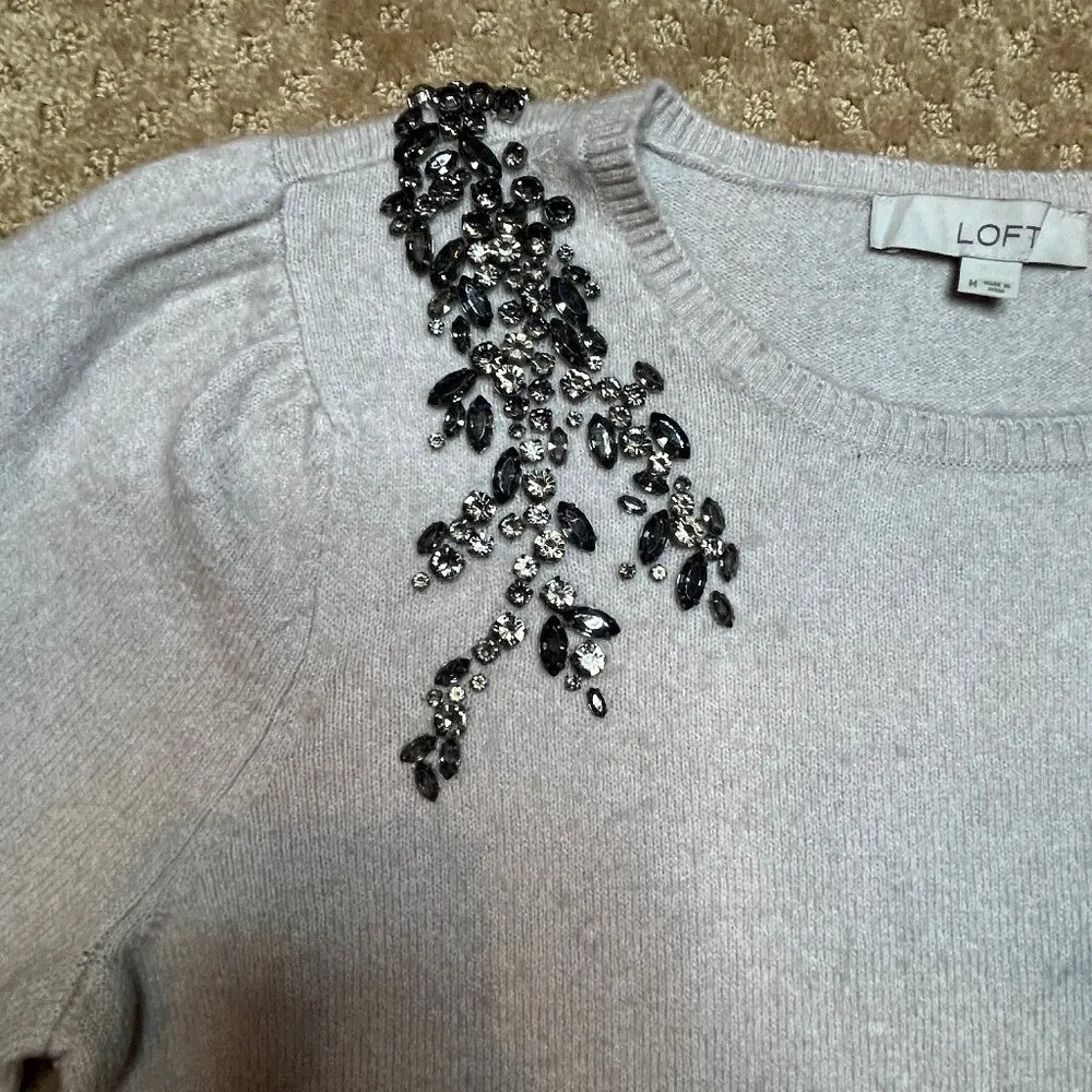 Ann Taylor Loft Rhinestone Flowers Wool Blend Crew Sweater Oatmeal Color SZ M - Image 3