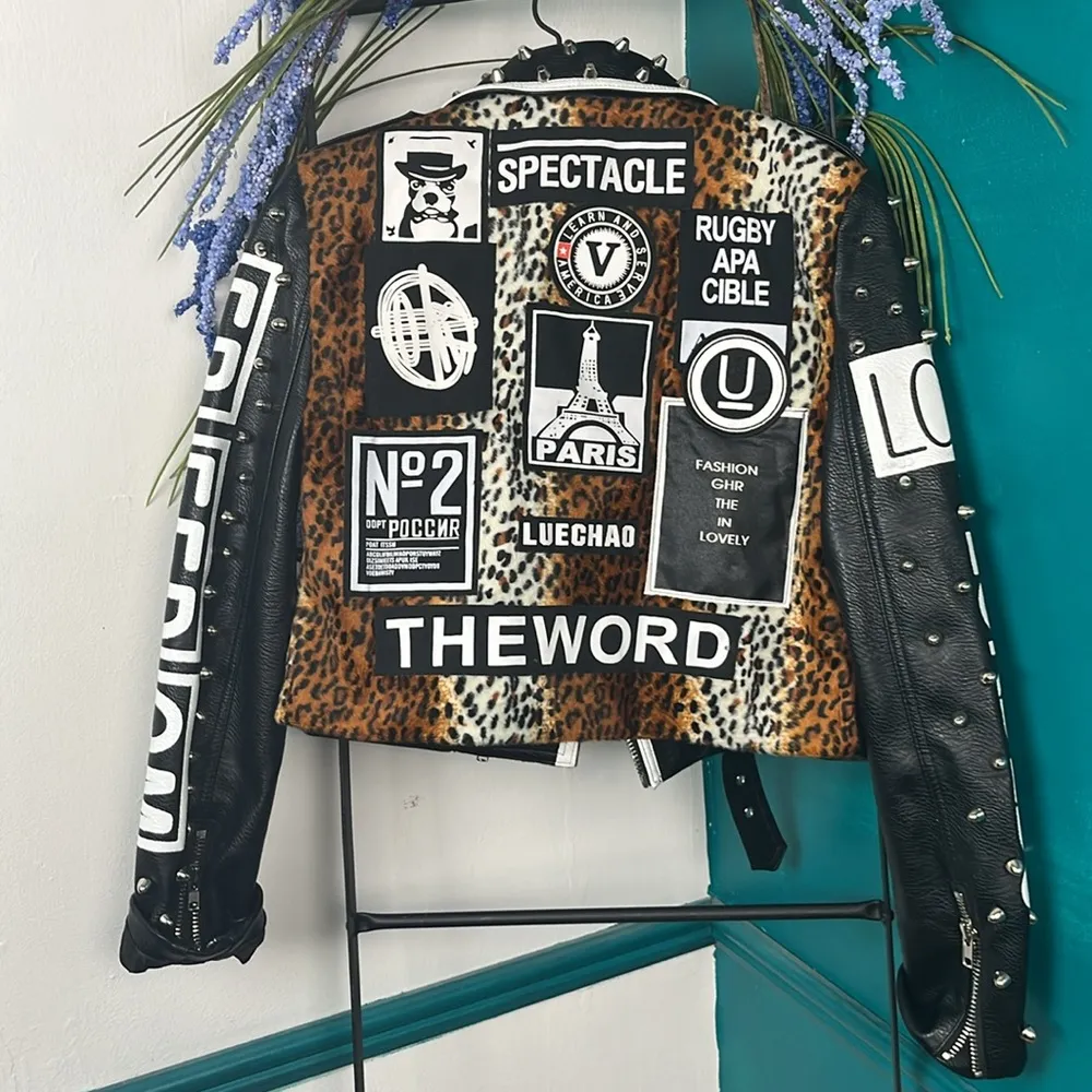 LORDLDS Women Black Leopard Leather Jacket Zip Up Moto Biker Fashion Streetwear Size M - Image 5