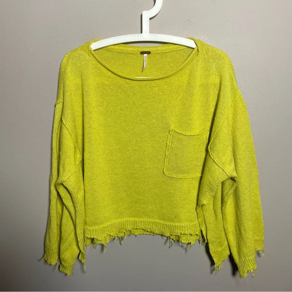 Free People Prism Knit Crop Sweater Yellow Lemon Zest linen blend distressed - Image 3