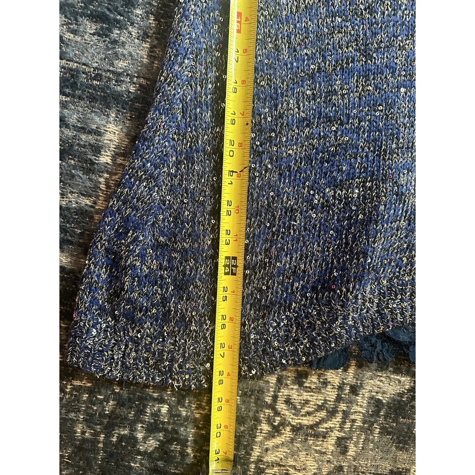 Anthropologie ShuShu Cardigan Sweater Blue/Gold Shimmer Lace Back Angora Large Blue - Image 8