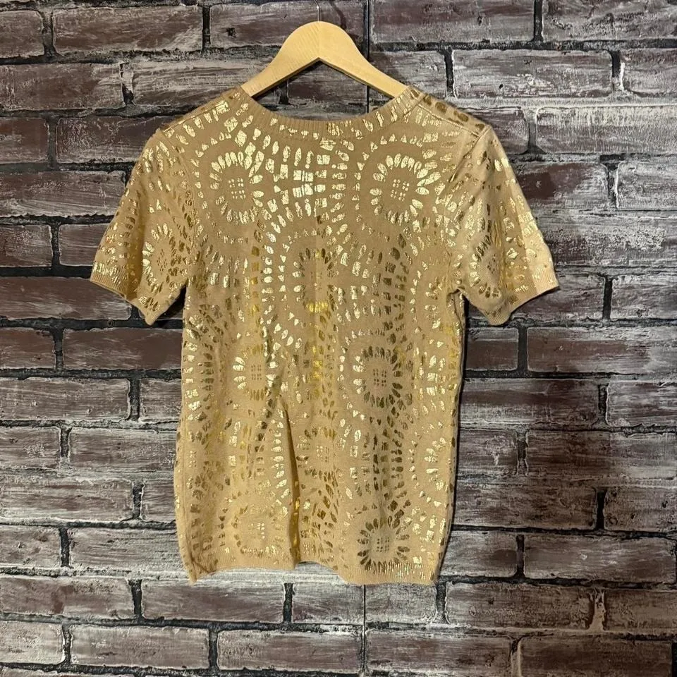 Chico's Gold Metallic Button Front Short Sleeve Cardigan Women's Size 1/Medium - Image 2