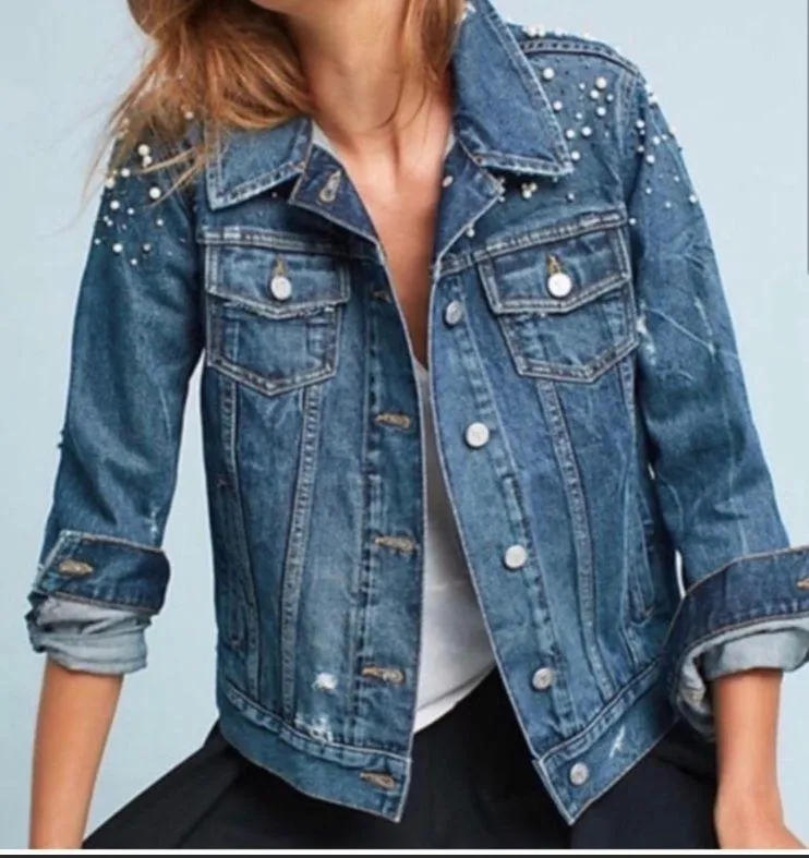 Pilcro Pearled Denim Trucker Jacket - Image 4