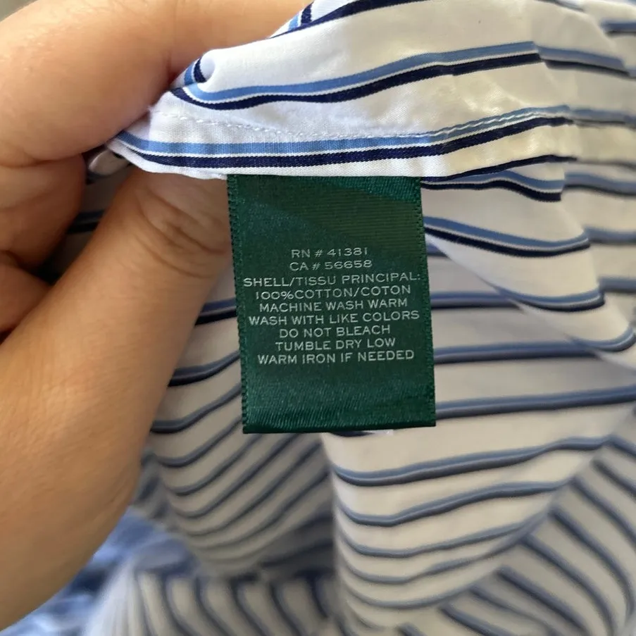 Ralph Lauren White & Blue Pin Stripe Popover Cotton Flare 3/4 Sleeve Blouse - Image 7