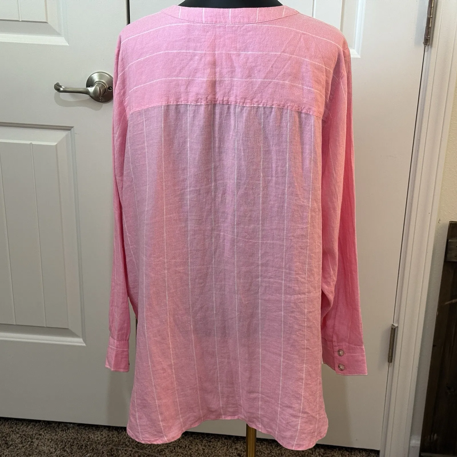 M&S Pure Linen Pink Striped Plus Size‎ Long Sleeve Shirt Breathable, Size 14 - Image 5
