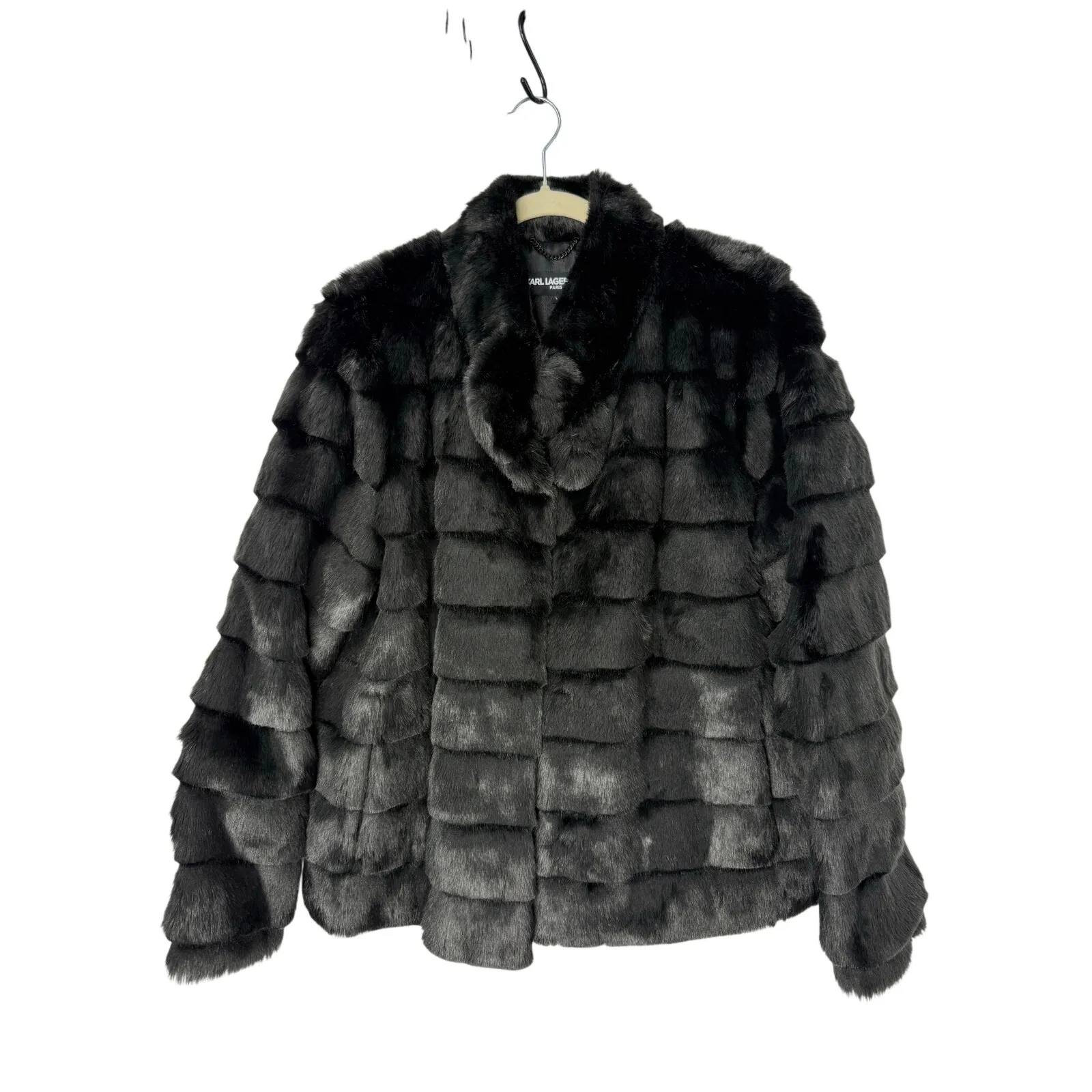 Karl Lagerfeld Paris Faux Fur Jacket L Black Plush Coat Luxe Winter - Image 2