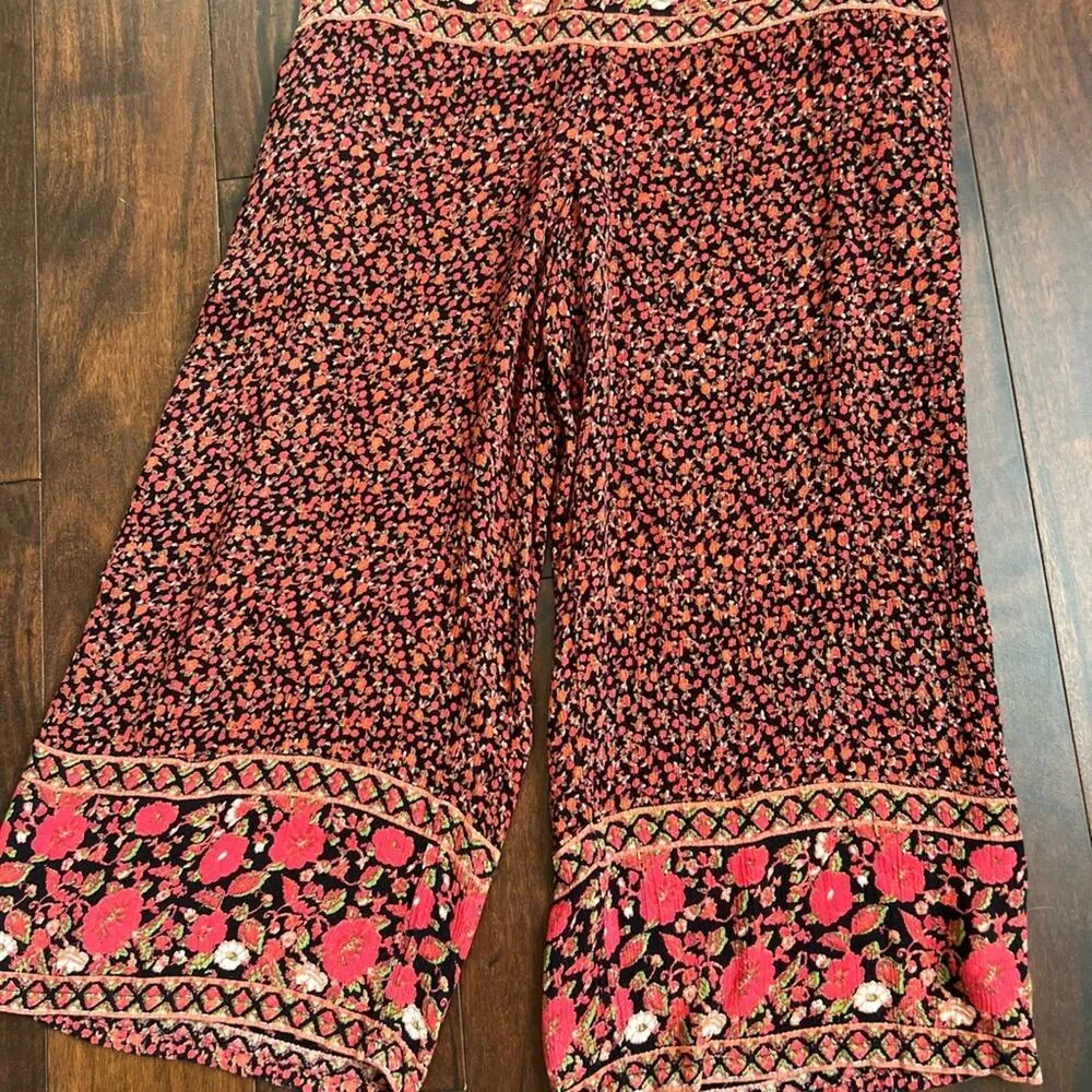 Free People Boho Red Black Floral Crop Jumpsuit Size Medium - Image 11