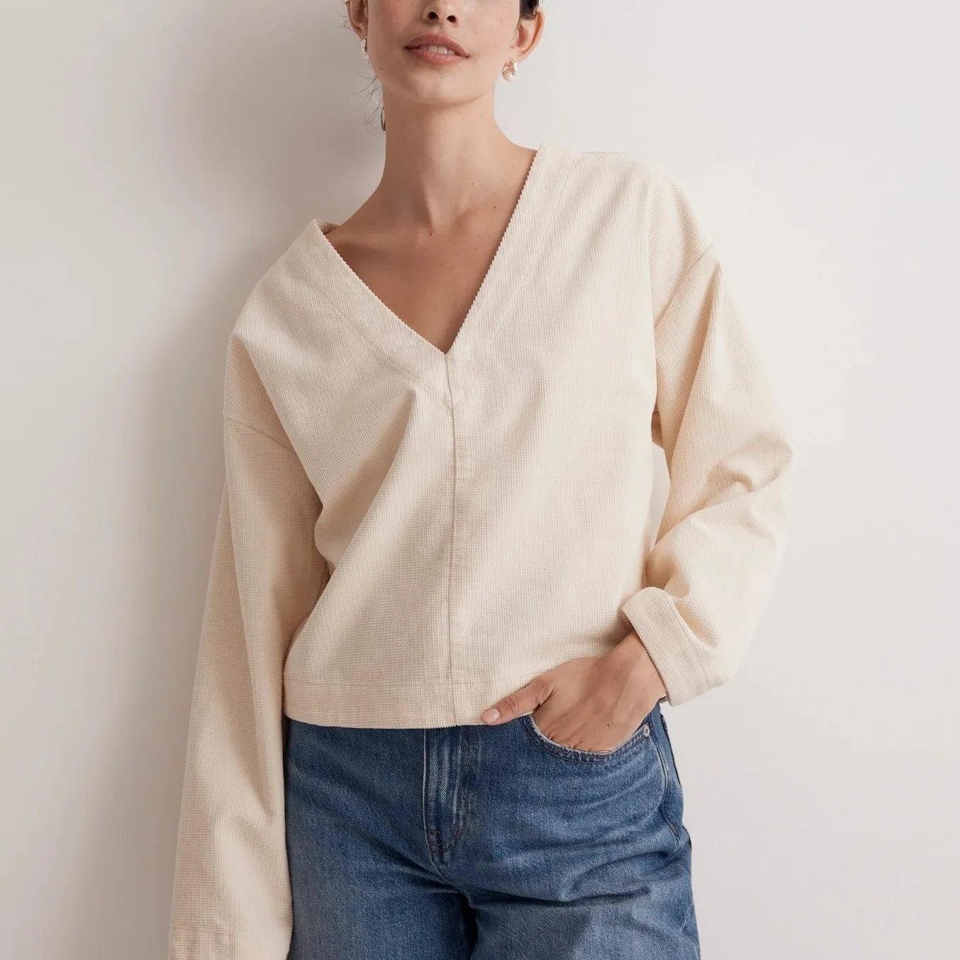 Madewell Waffle Knit Relaxed V-Neck Top Women's M Black Iris Preppy Collegiate - Image 7