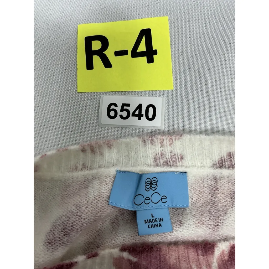 Womans NWT CeCe Pullover Long Sleeve Sweater Large Pink White Floral Crew Neck - Image 3