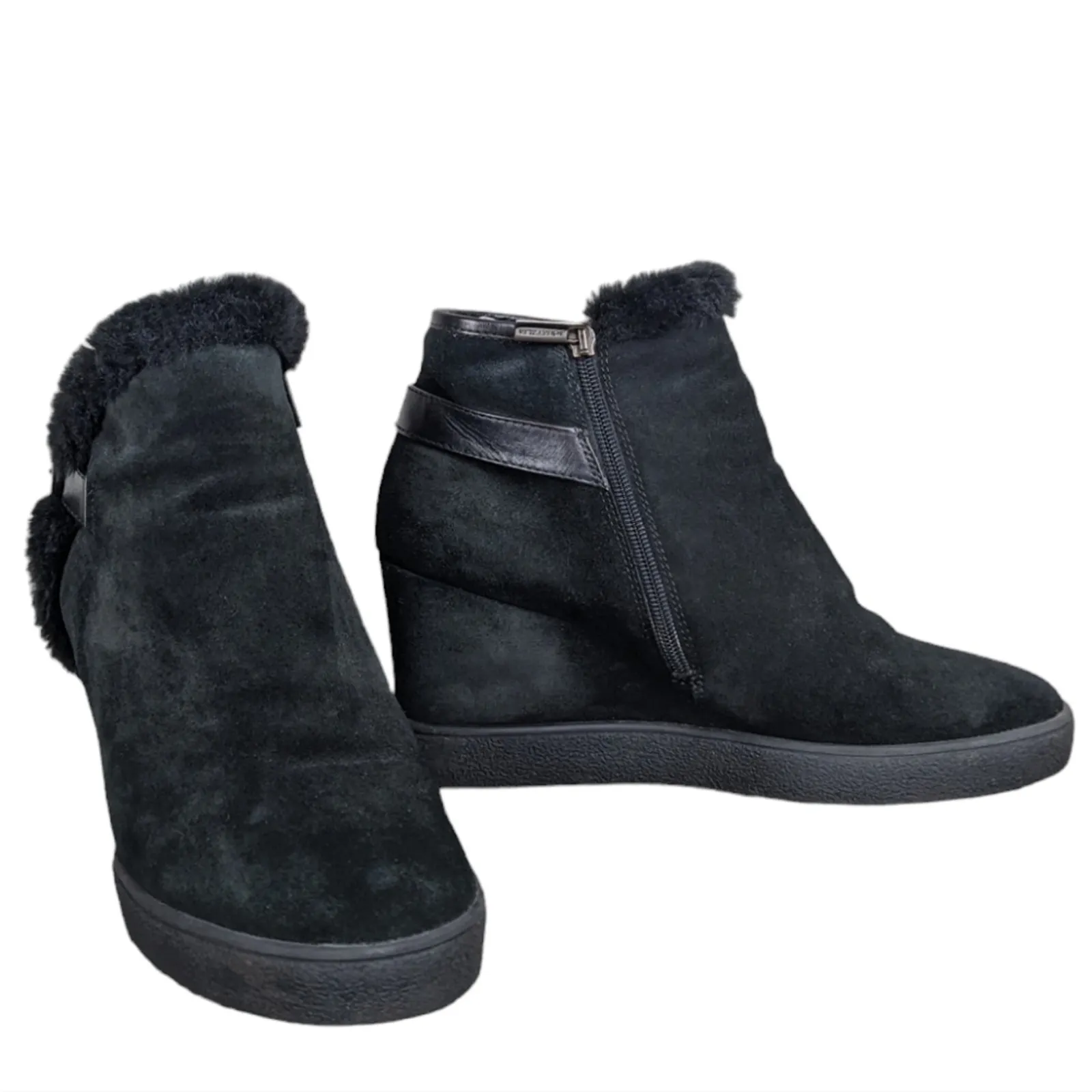 Aquatalia Cameron Ankle Boots Black Faux-Fur-Trimmed Suede Wedge 10.5 - Image 11