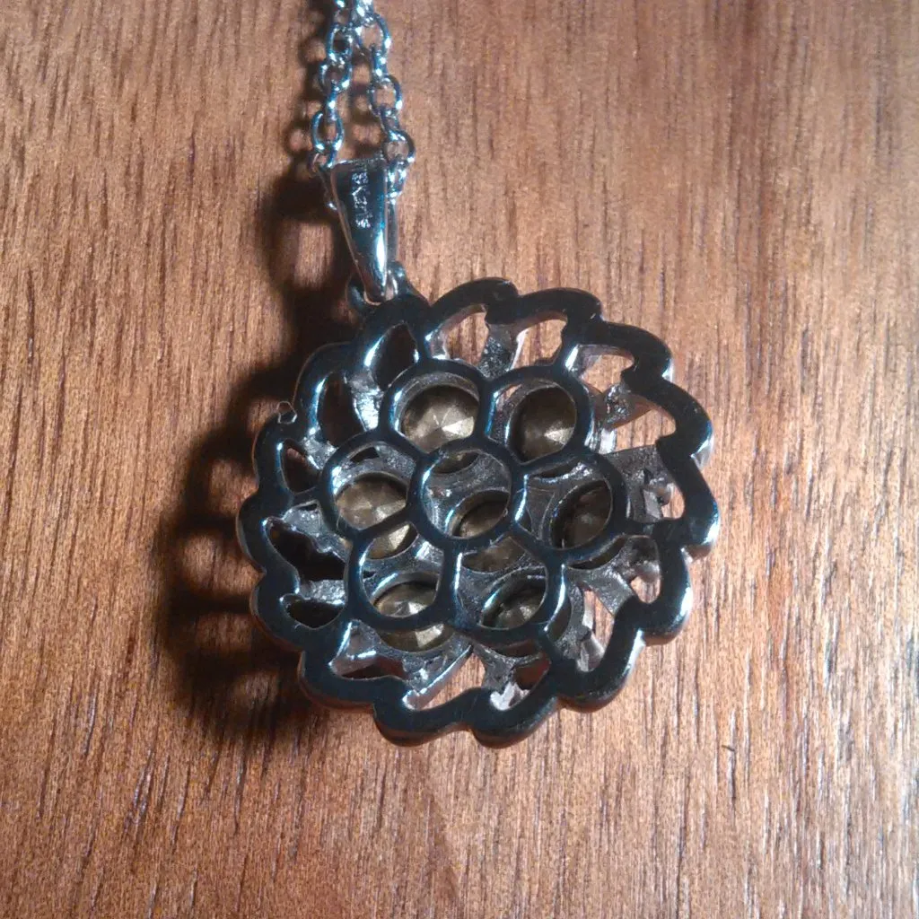 Green Crystal Floral Platinum over Brass Pendant Stainless Steel Necklace - Image 9