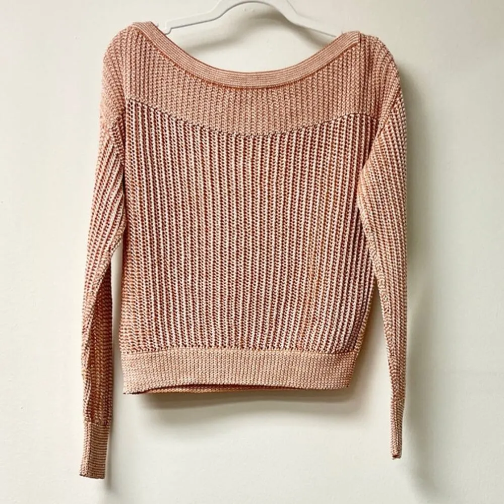Intermix Megan Two-Tone Cotton Asymmetric Neck Open Knit Sweater Orange Beige P - Image 6