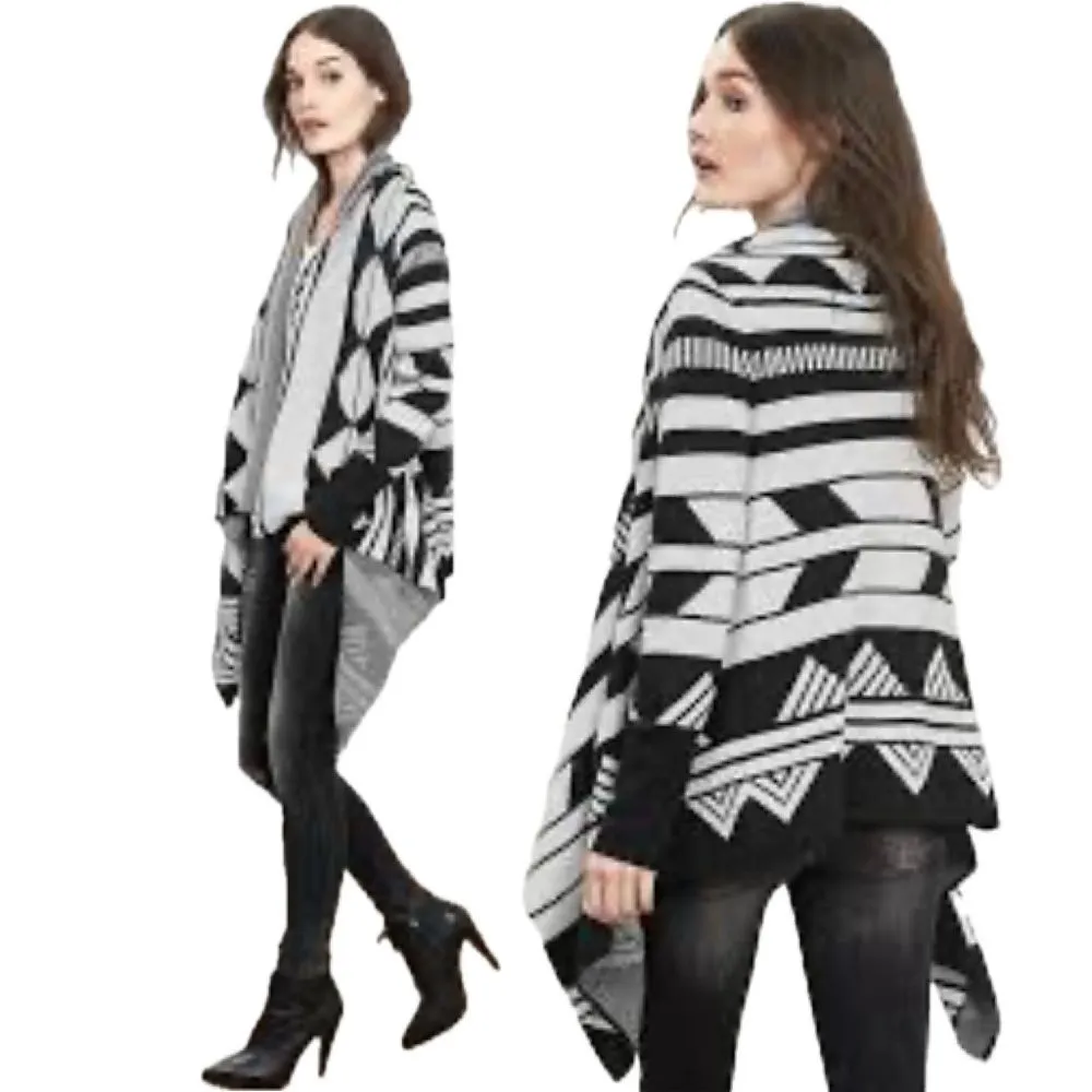 Banana Republic Black Aztec Patterned Jacquard Merino Wool Open Cardigan Small - Image 2