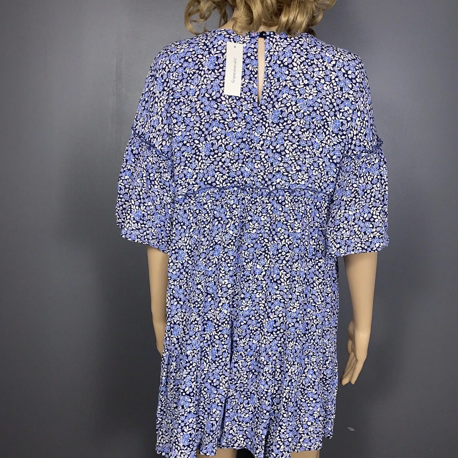 New Francesca's Swing Dress Size Small Blue Floral Bell Sleeve Tiered Ruffle - Image 4