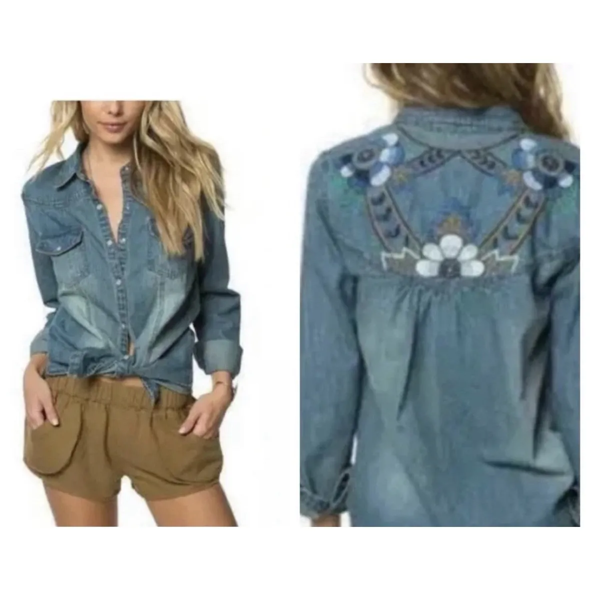 Ladies O'Neil Floral Embroidered Denim Shirt Size Medium - Image 2