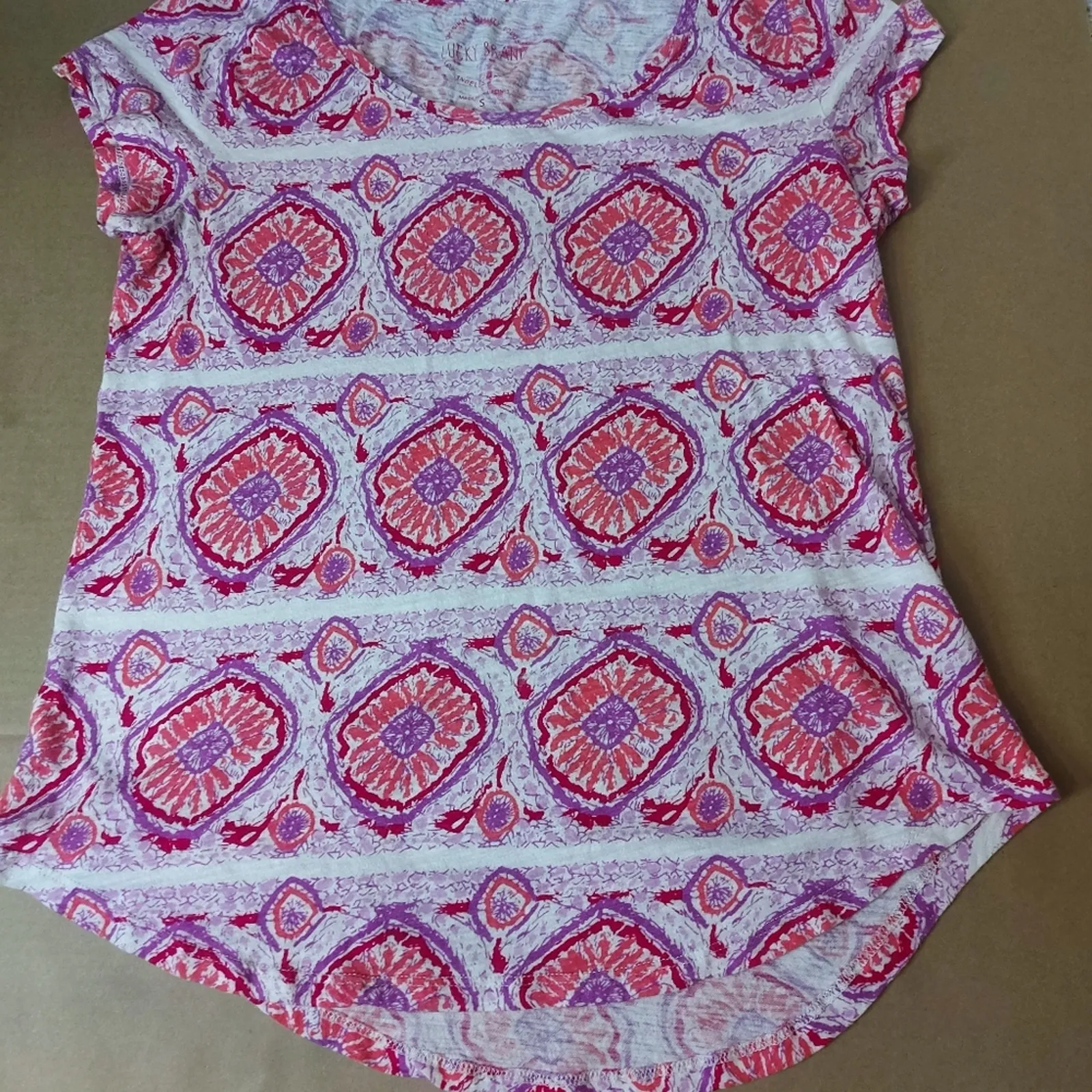 Lucky Brand Printed Crew Neck Short Sleeve Tee S Boho Casual Festival Hippie - Image 5