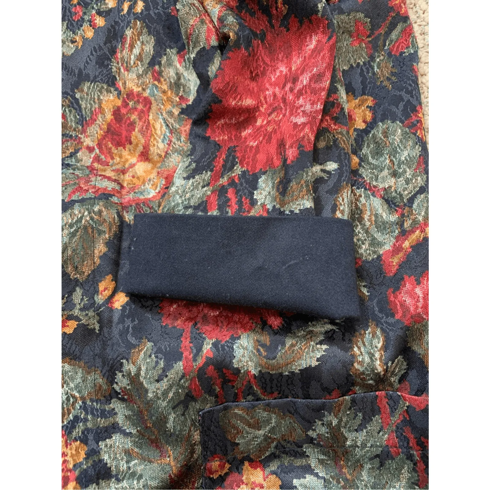 Vintage 90s SL Petites Floral Tapestry Blazer Jacket Burgundy Open Front Pocket Red Size 10 - Image 10