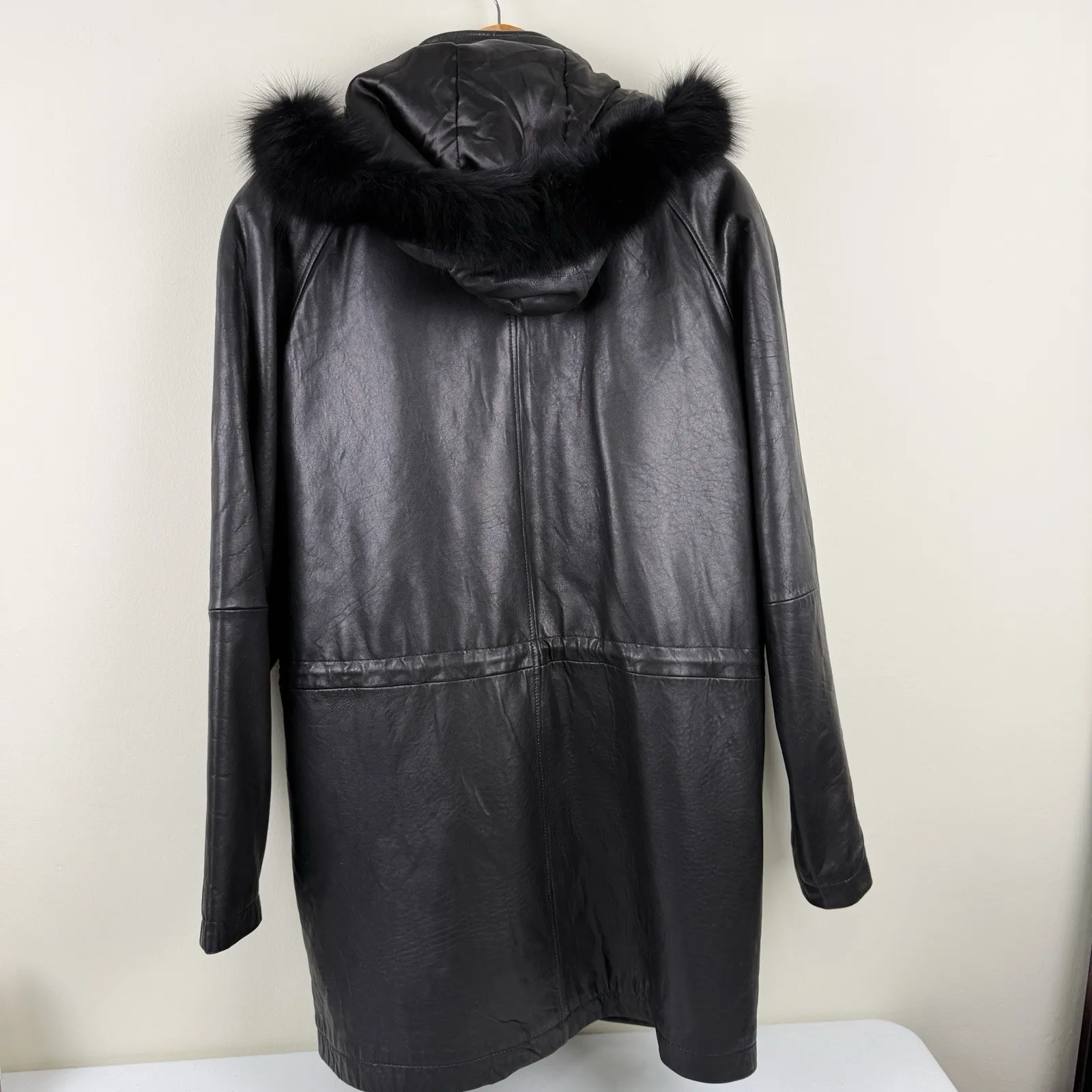 Knoles & Carter Downtown Black Leather Coat XL Fur Trim Hood Italian Lambskin - Image 12