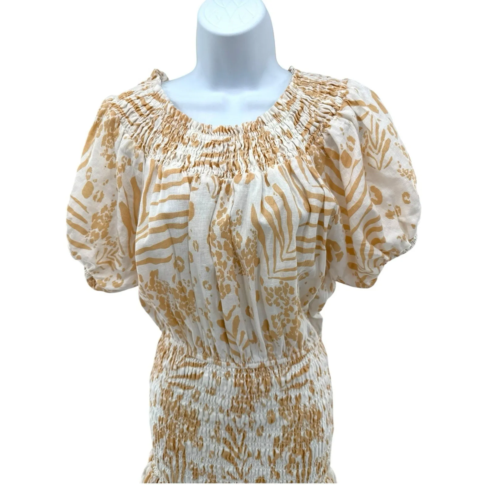 SABO LUXE‎ Camari Linen Dress Smocked Patterned Ruffle Hem White Beige Women's S - Image 8