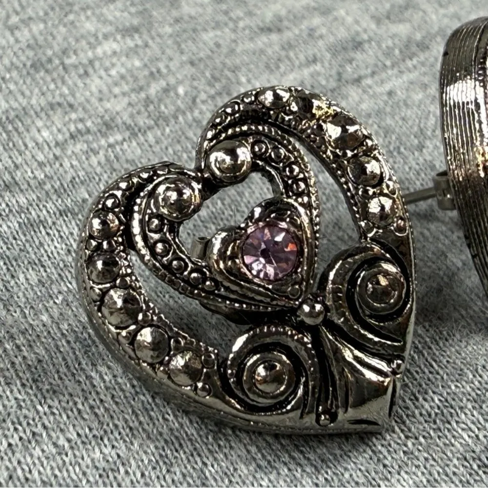 Vintage Heart Pierced Post Earrings Rhinestone & Silver Tone Metal Design - Image 6