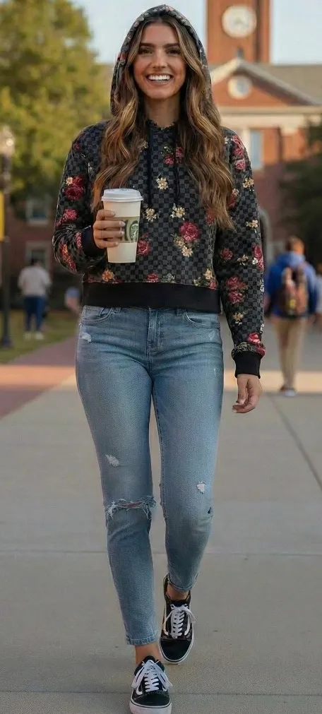 Vans Floral Checkerboard Hoodie Small Black Red Daisy Roses Pullover Sweatshirt - Image 1