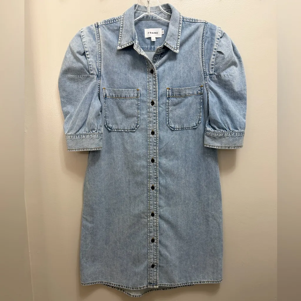 FRAME Rosette Denim Shirt Dress Puff Sleeve in Cresthaven Light Wash Size S - Image 4