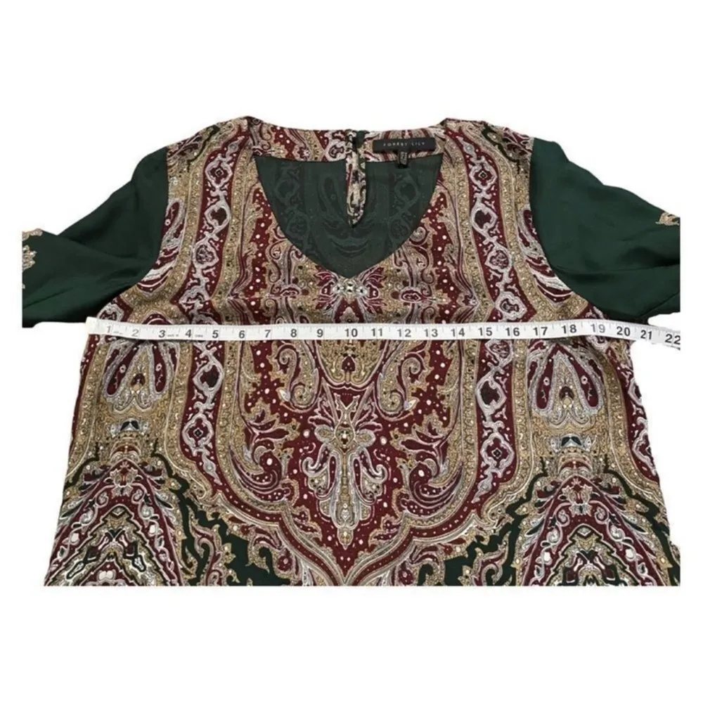 Forest Lily Green & Gold Paisley Lined Long Sleeve Mini Sheath Dress Sz 10 - Image 11