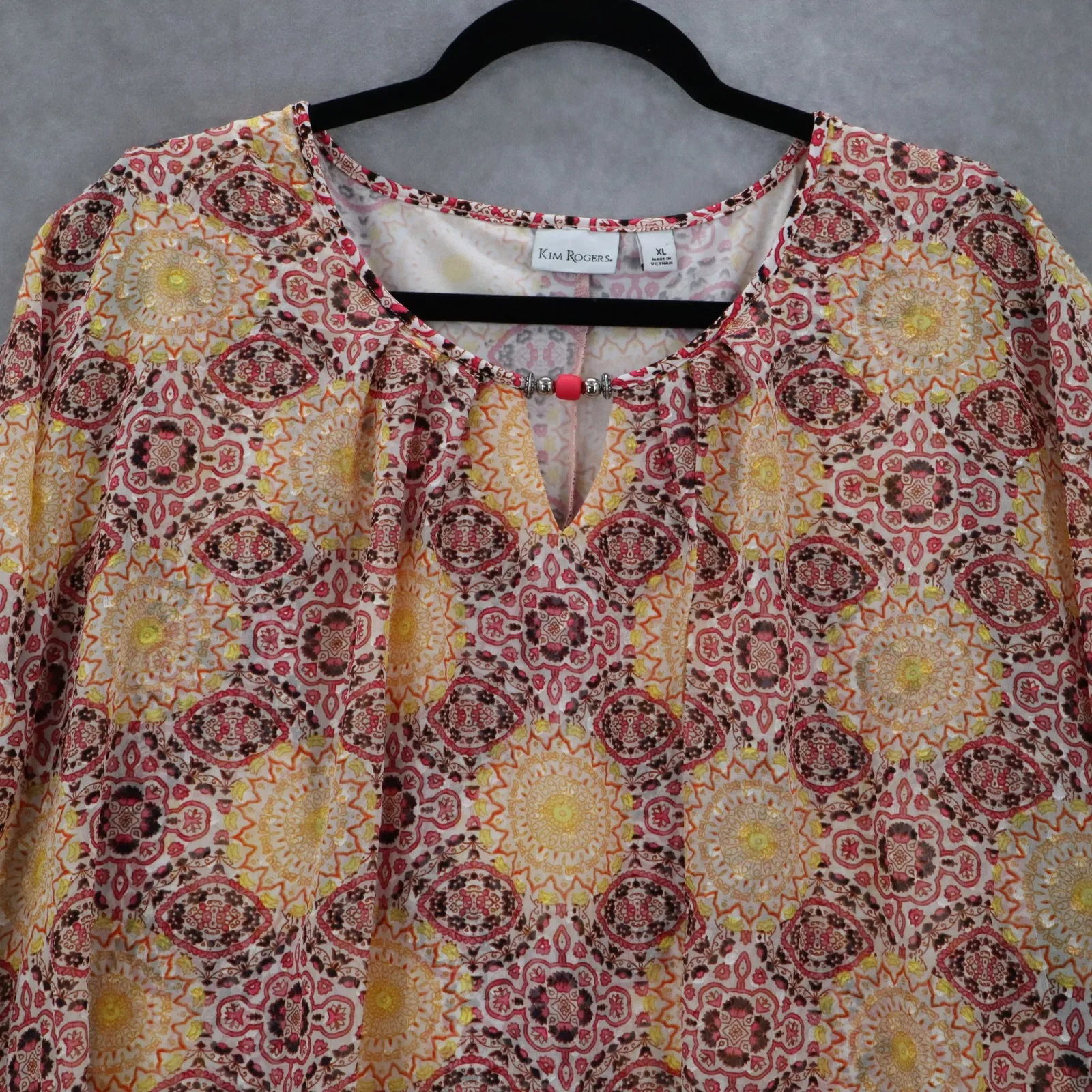 Kim Rogers Yellow Floral Dolam Casual Daisy Shine Palm Spring Bead Top Blouse XL - Image 3