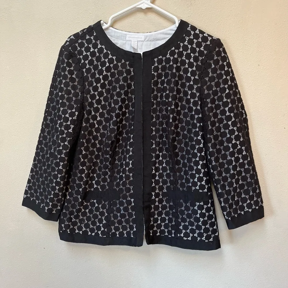 Vintage Charter Club Women’s Black White Spotted Knitted 3/4 Sleeve Blazer Top M - Image 2