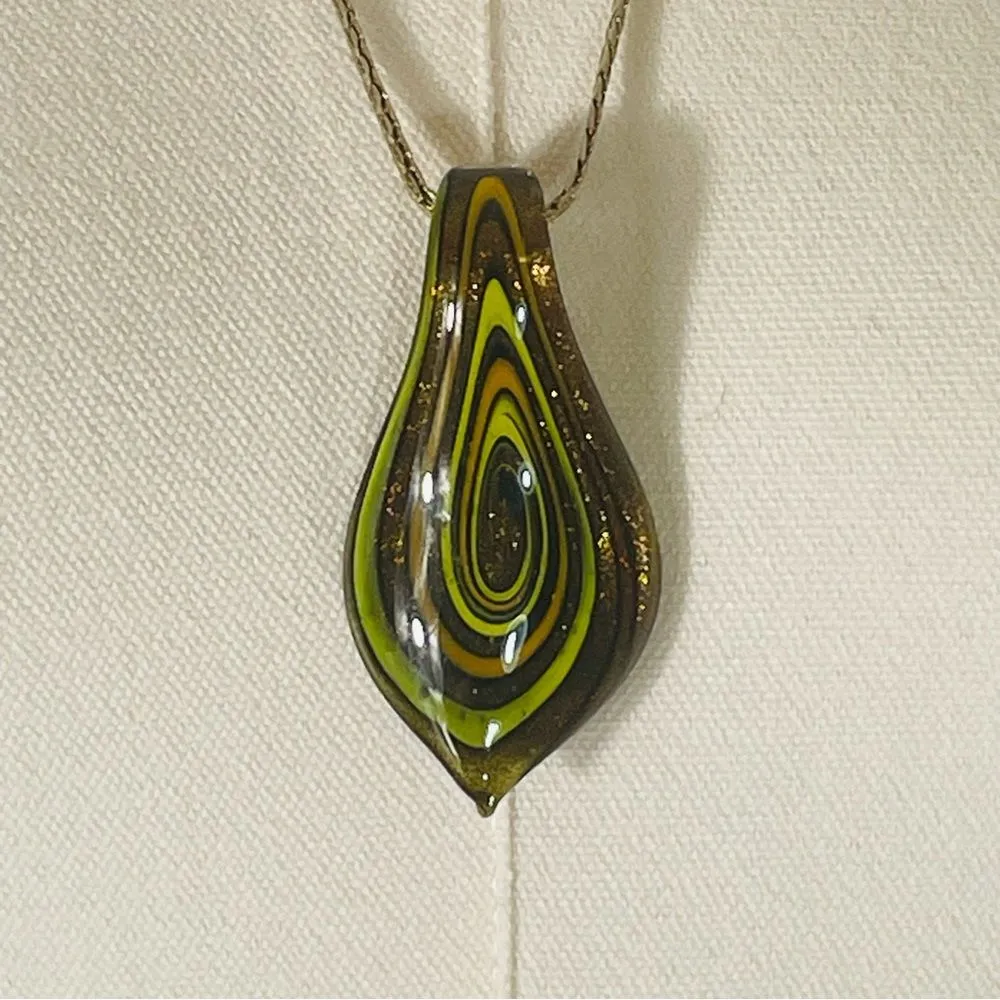 Large Vintage Green & Brown Glass Pendant and Necklace Set - Image 3