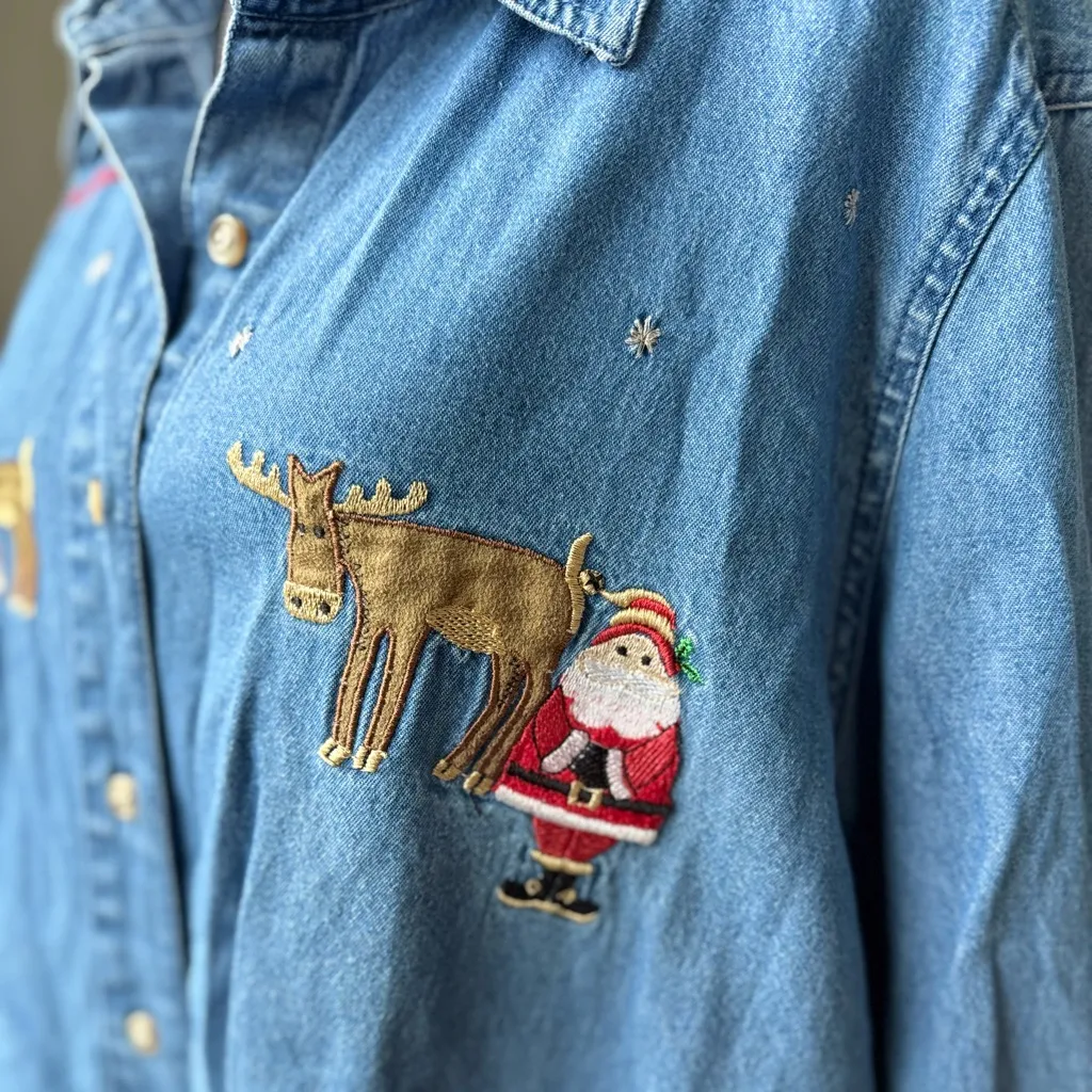 Vintage 90s Denim Embroidered Christmas Theme Jean Shirt Size 2X 18 - Image 3
