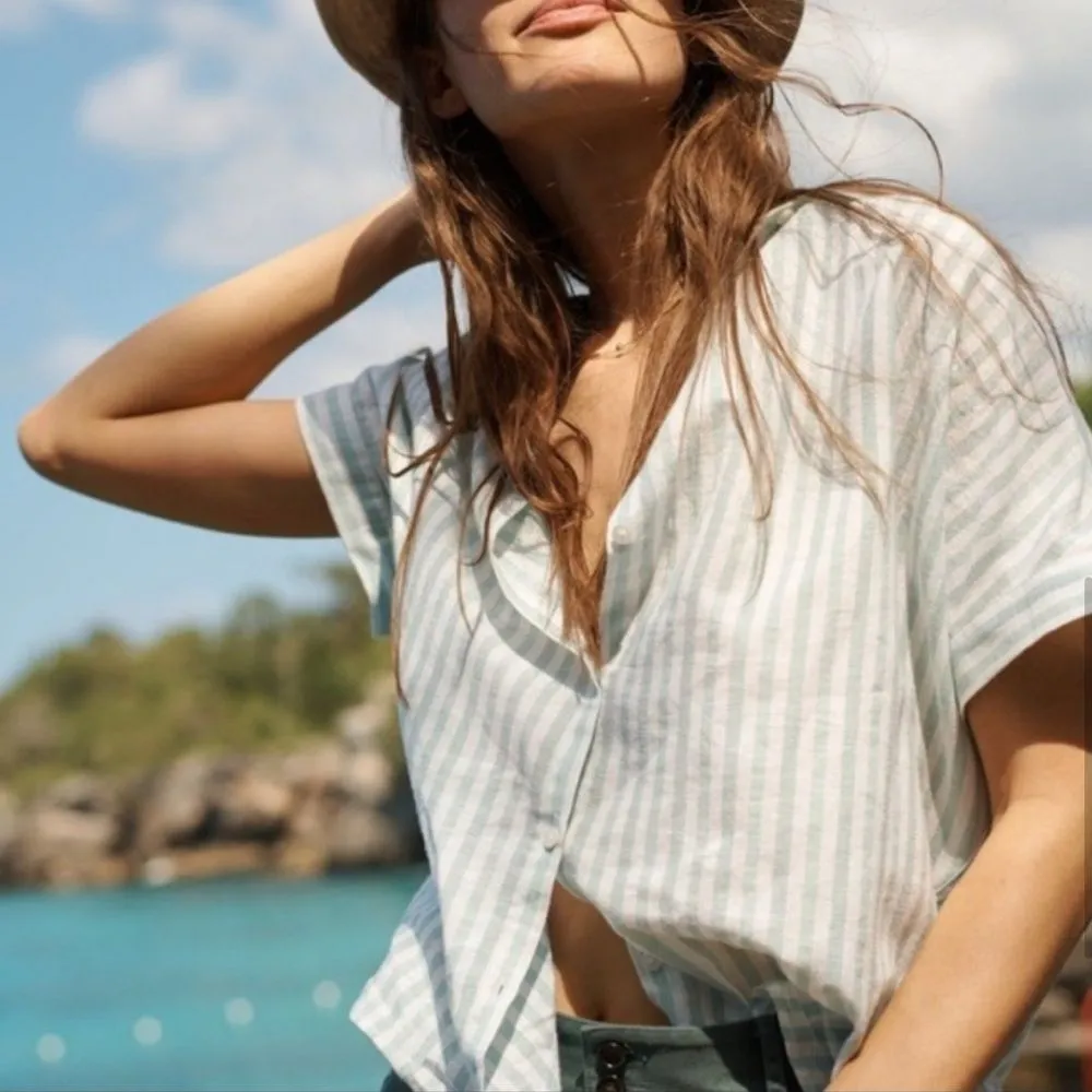 Madewell Central Button Down Boxy Top Shirt Size Medium Striped Mint‎ White - Image 8