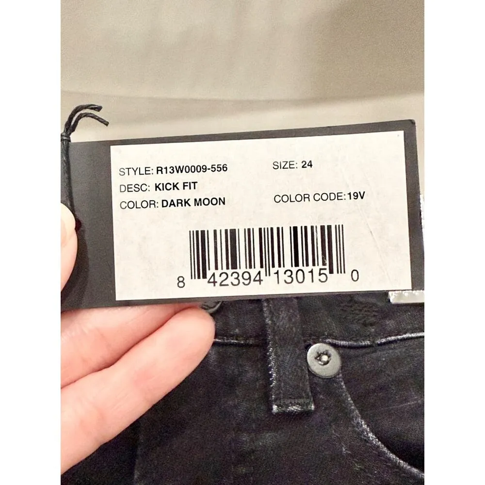 NWT R13 Kick Fit Denim Flare Leg Cropped Jeans Dark Moon Black Women's Size 24 - Image 3