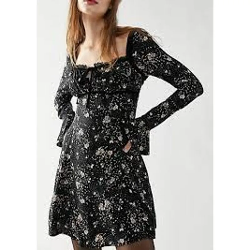 Free People Black Floral Print Long Sleeve‎ Square Neck Mini Dress Size S - Image 3