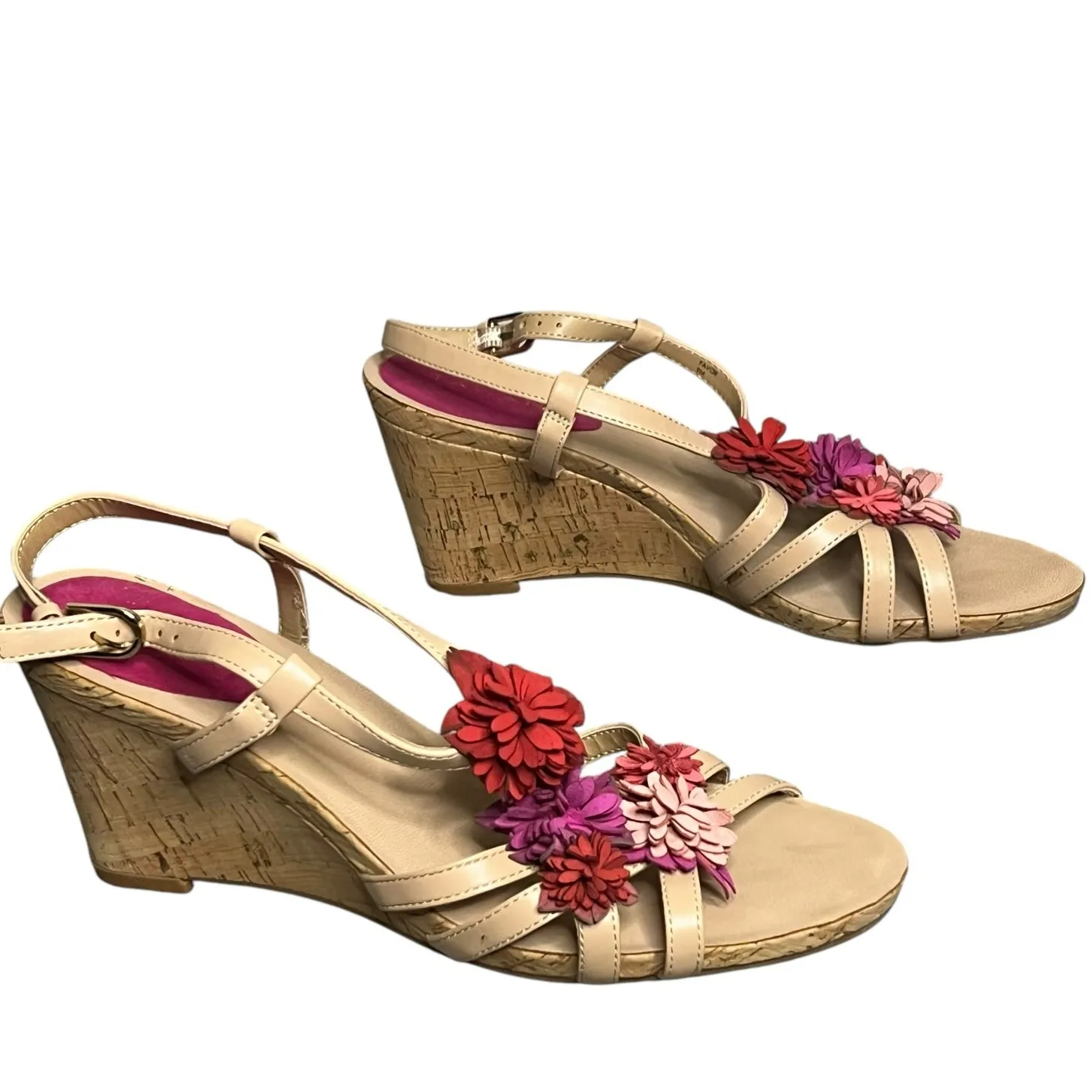 Tahari Favor Wedge Sandal Womens 9M Beige Leather Spring Flowers Strappy - Image 4