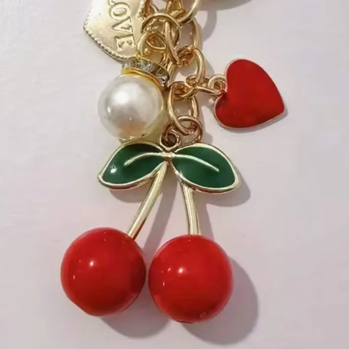 Red Cherry Purse Charm Keychain Gold - Image 4