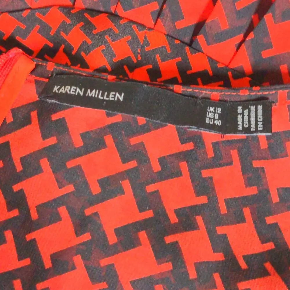 Karen Millen Womens A Line Dress Red Black Houndstooth Crew Neck Cap Sleeve 8 - Image 6