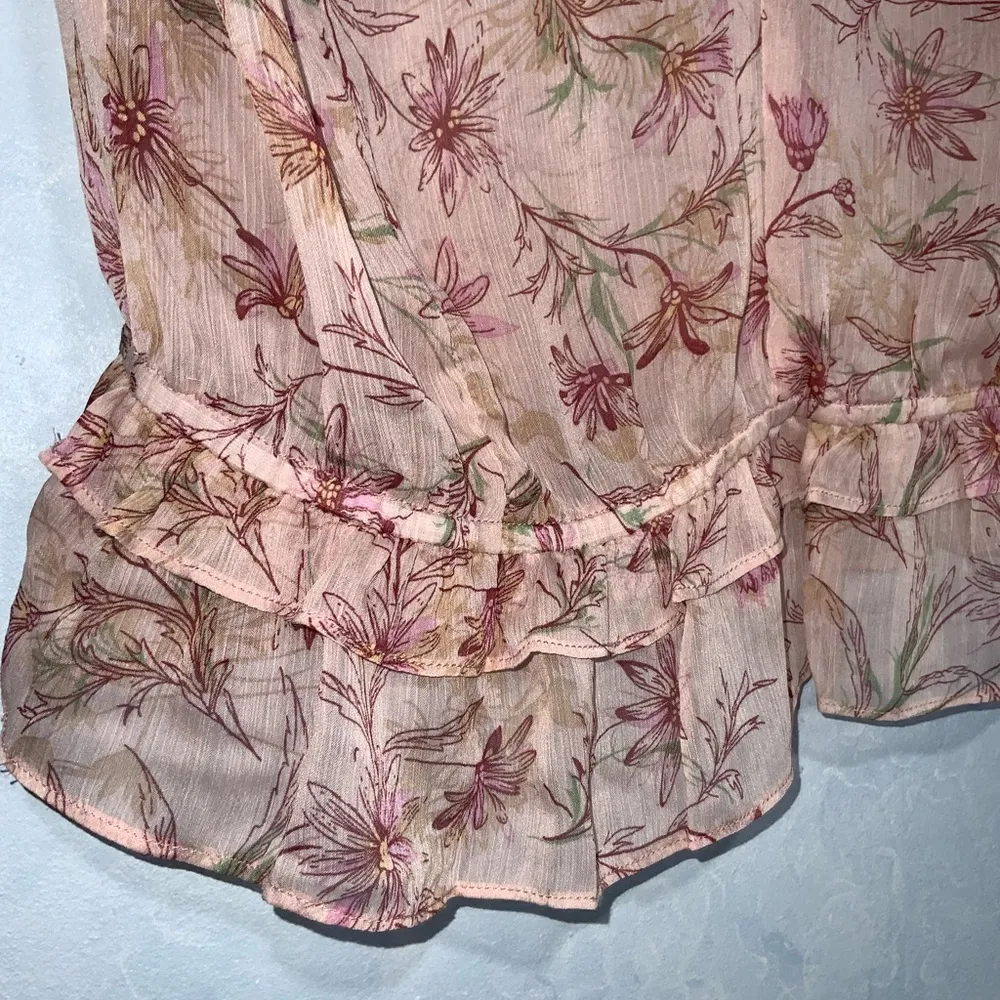 Sugar lips Blush Semi Sheer Floral Ruffle Cap Sleeve V-Neck Dainty Chiffon Top L - Image 3