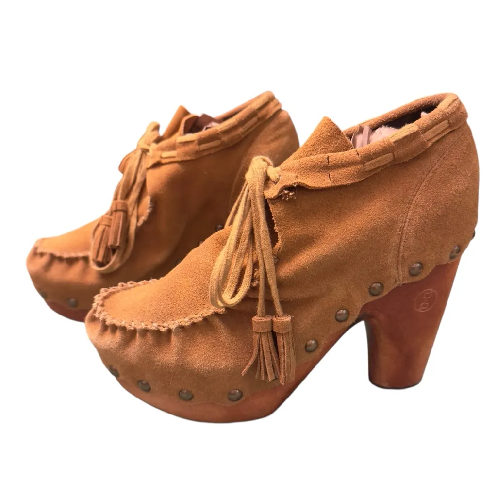 FLOGG Tan Suede Fringe Moccasin Boots Women’s Size 10 Western Boho with FLAW GUC - Image 4