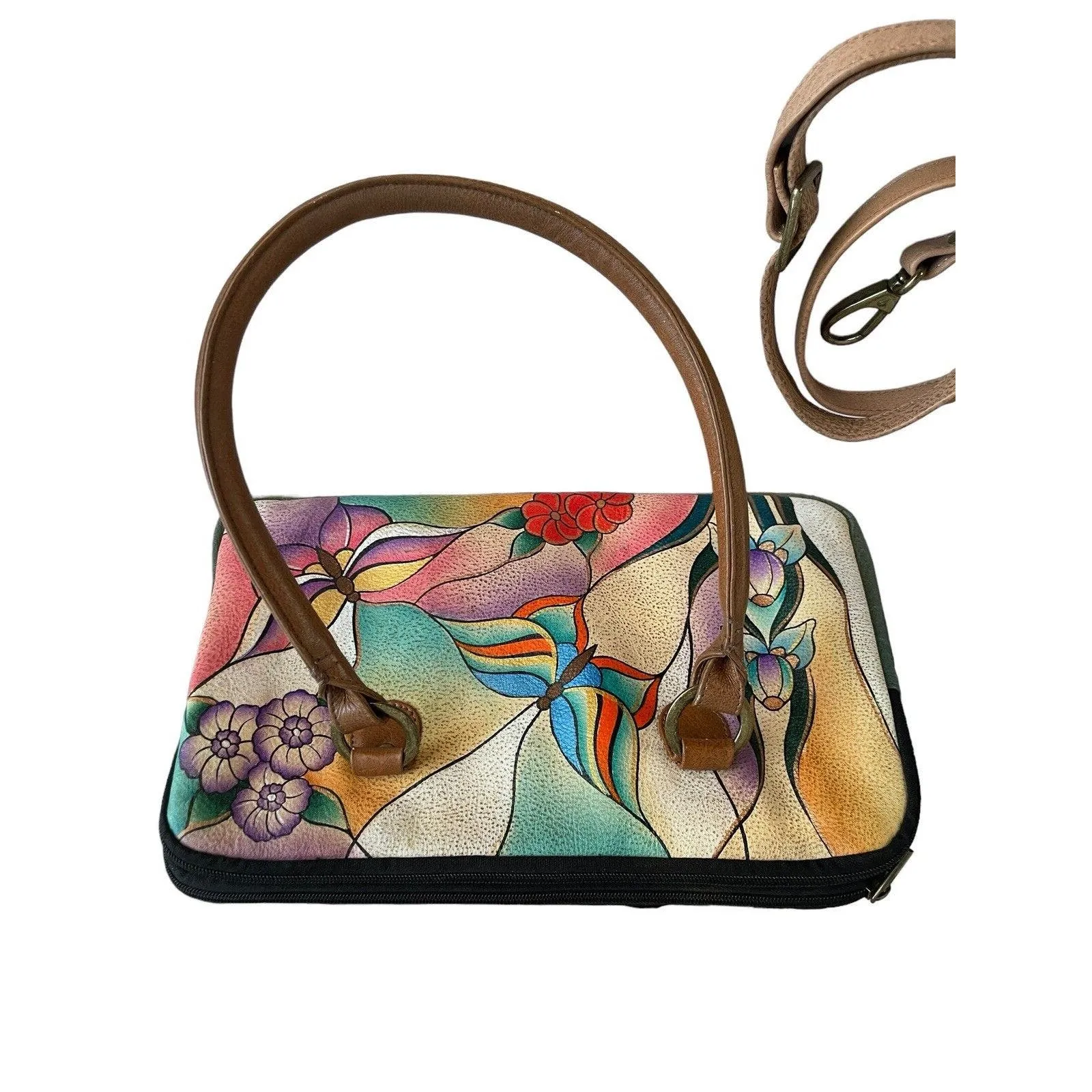 Anna by Anuschka Stained Glass Butterfly Hand-Painted Leather Large‎ Satchel - Image 2