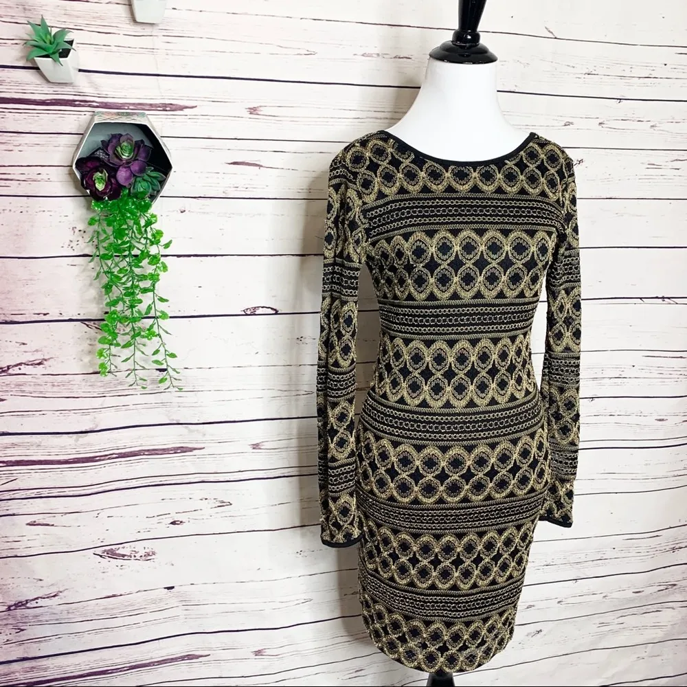 Black & Gold Metallic Long Sleeve Bodycon Dress Size Small - Image 3