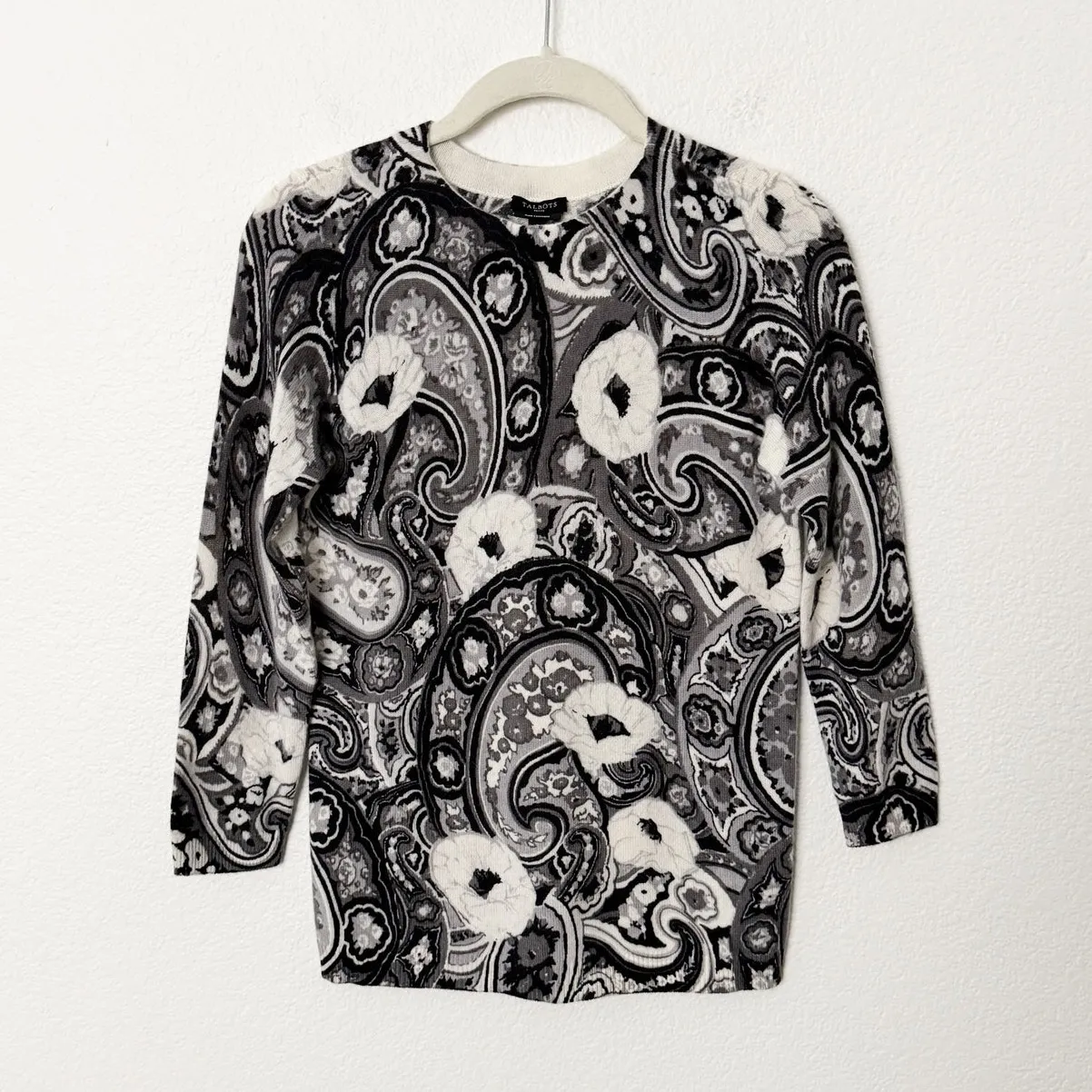 [Talbots] Gray Black Abstract Paisley Print Audrey Cashmere Sweater Sz XS Petite - Image 2