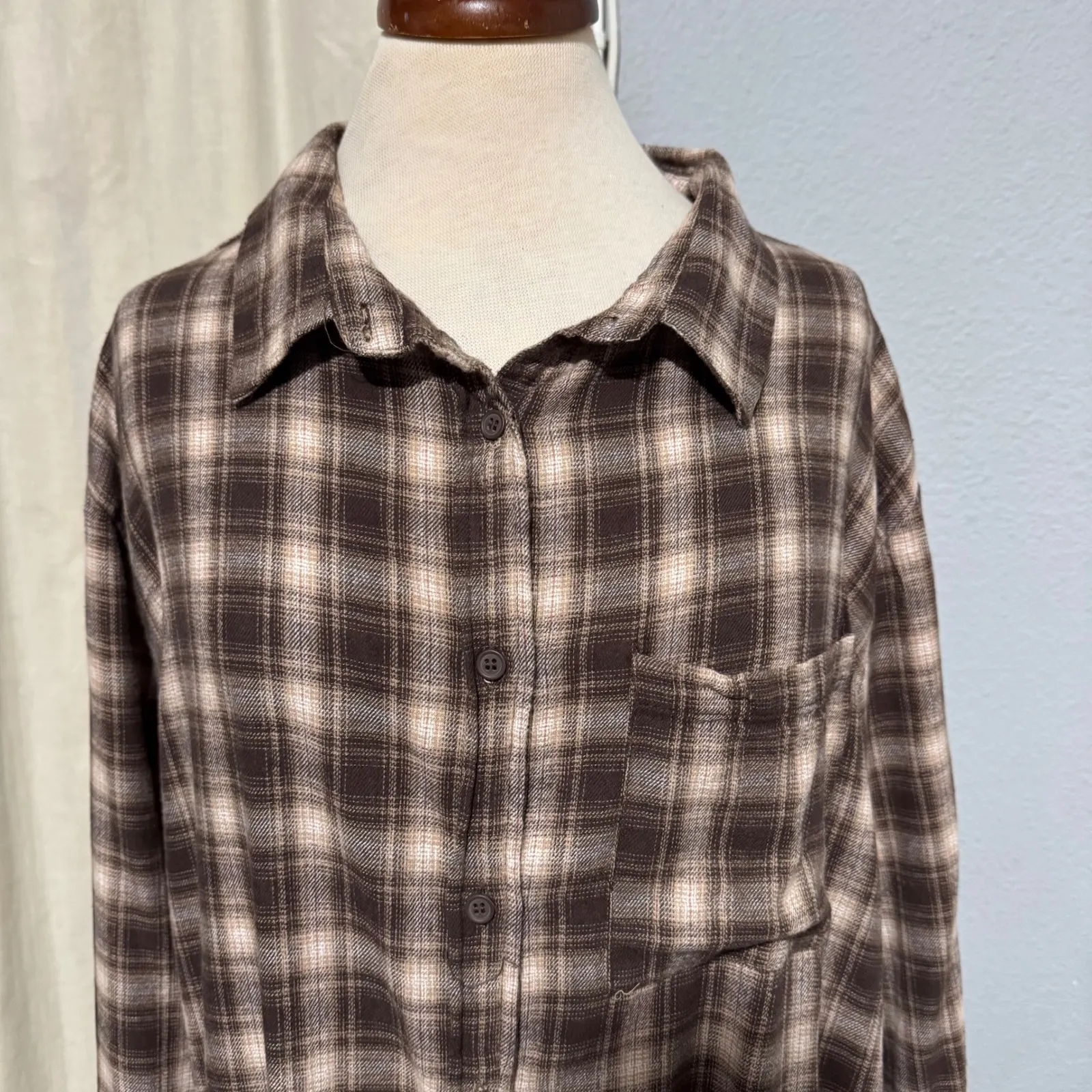 Cotton On Women Plaid Flannel Button Down Cowboy Rodeo Shirt Brown Cream Size S - Image 2