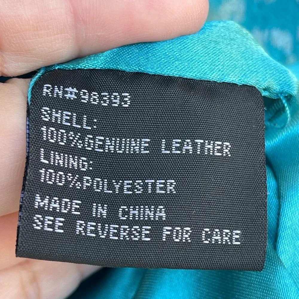 Pamela McCoy Turquoise Cheetah Leopard Print 100% Leather Full Zip Jacket medium Green - Image 11