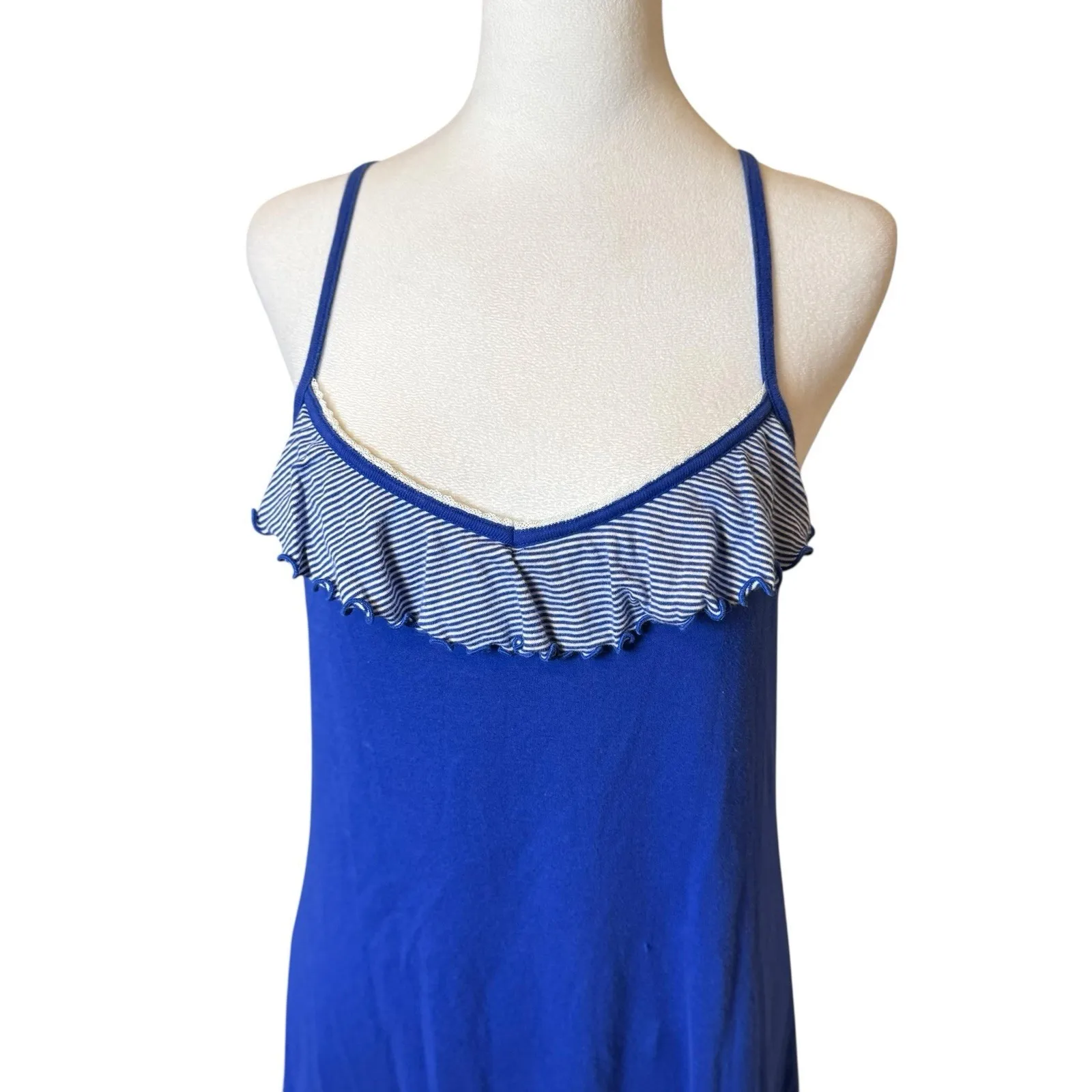 Ralph Lauren Blue White Gown Sleepwear Large Ruffle Neck Y2K Logo Preppy Lounge - Image 2