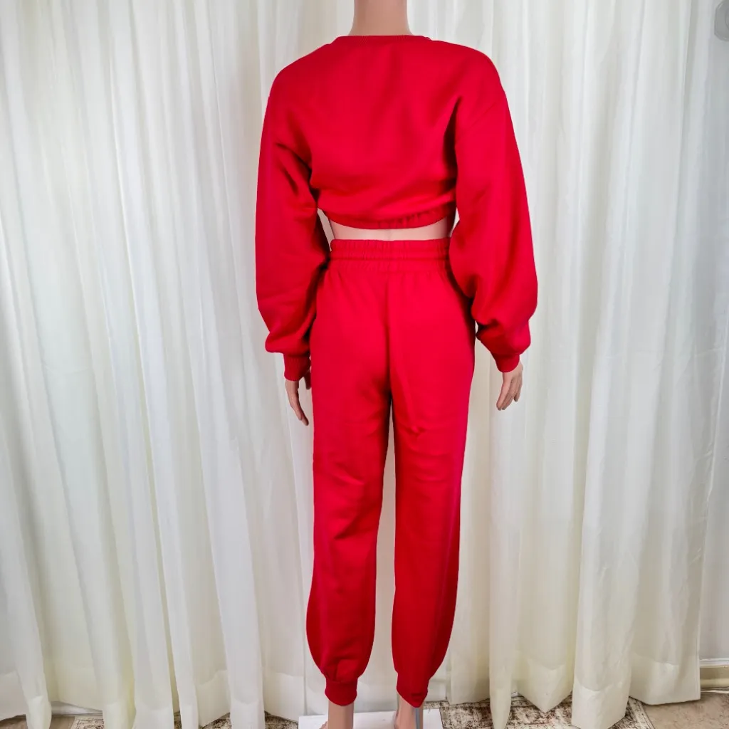 Zenana 2 Pcs Crop Sweatshirt Tracksuit Jogger Pants Set Outfit Active Loungewear Red Size Small - Image 5