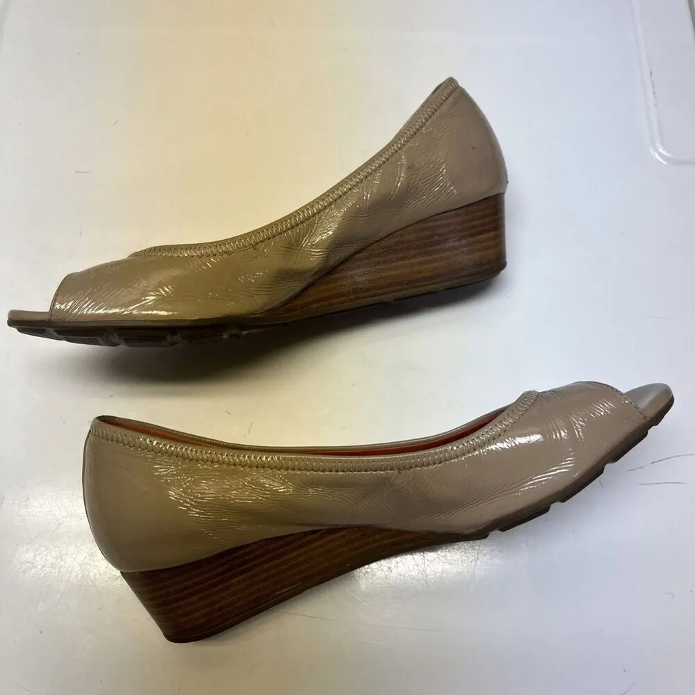 Cole Haan Open Toe Wedge Patent Leather Shoes | 8B Tan Neutral Peep Toe - Image 5