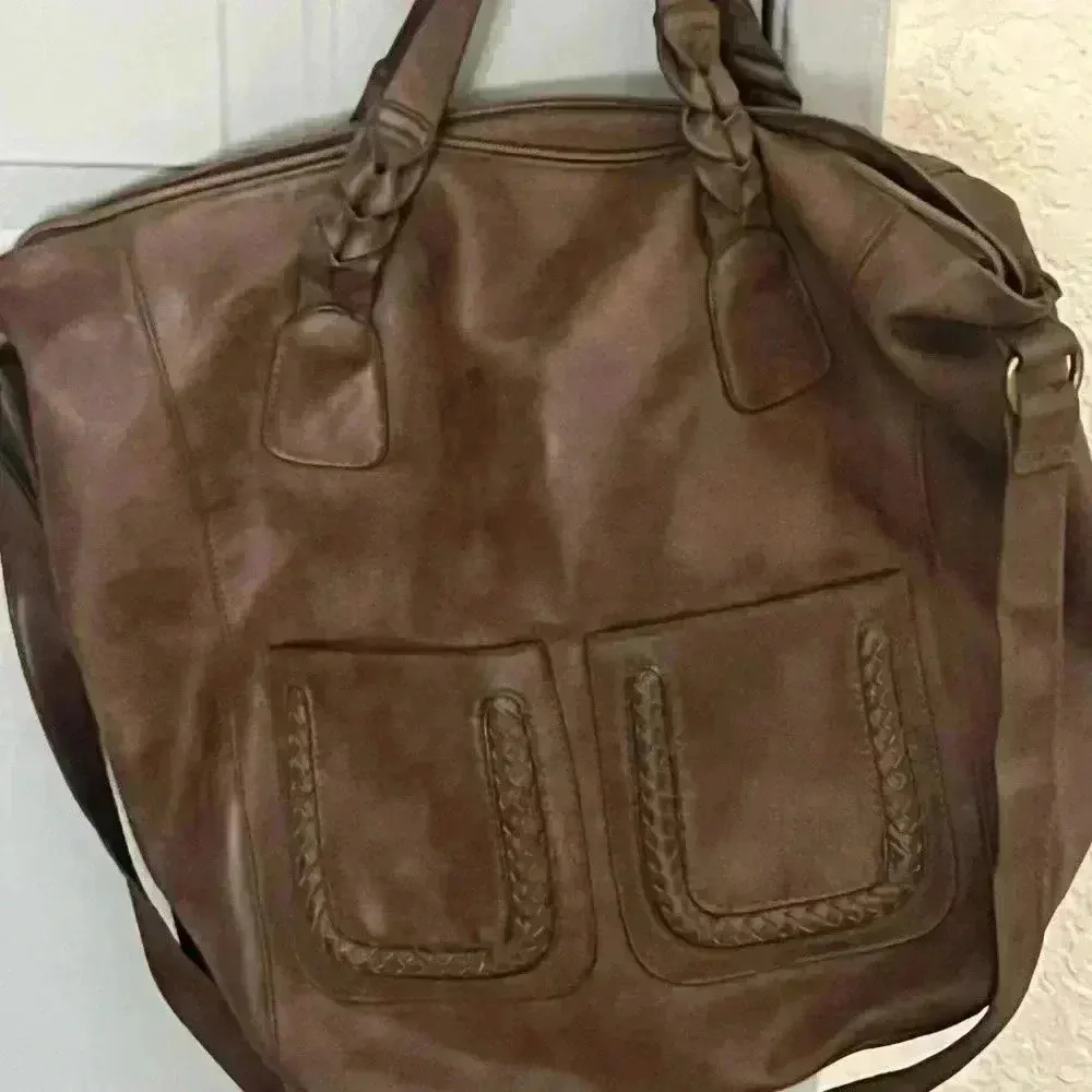 Distressed faux leather, cross body satchel with braided inlay Brown - Image 3