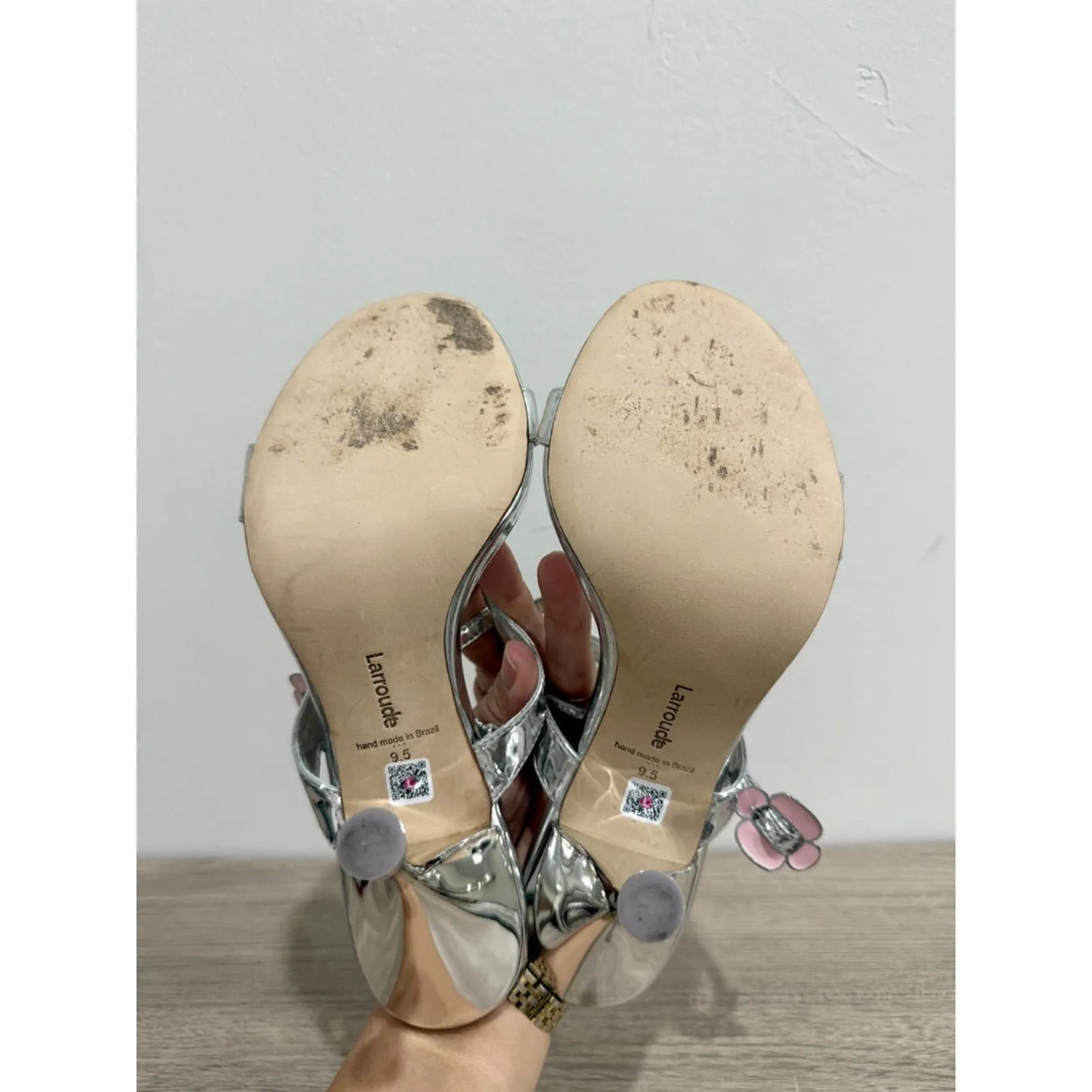 Larroude Tinx Hi Metallic Leather Sandals with Flower Detail Silver Specchio 9.5 - Image 8