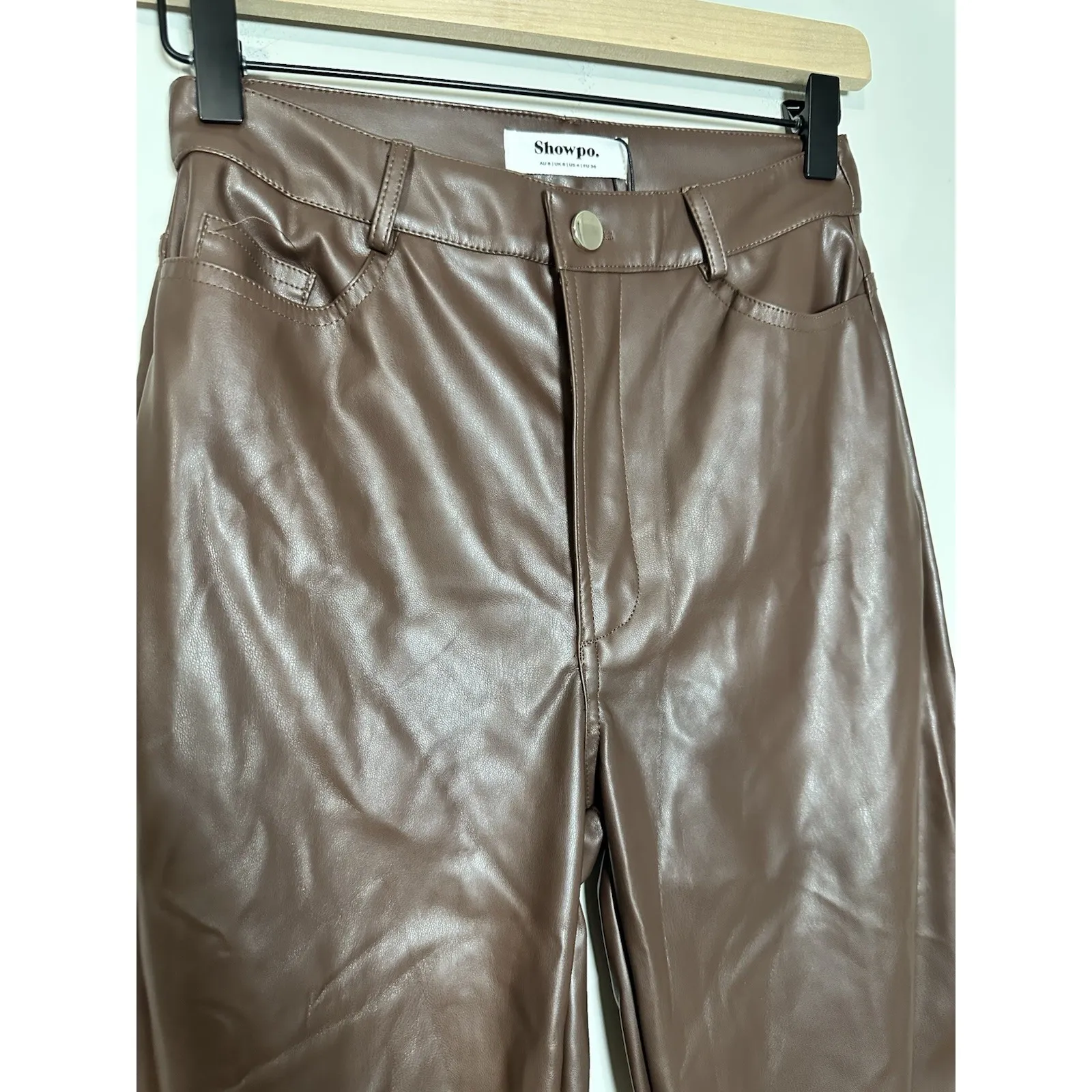 Showpo DILYENNE HIGH WAIST STRAIGHT LEG FAUX LEATHER PANTS IN CHOCOLATE Size 4 Brown - Image 5